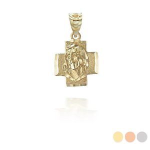 14K Solid Gold Jesus Face On a Cross Pendant - Yellow, Rose, or White
